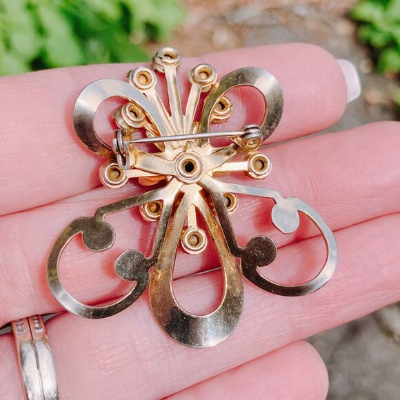 Vintage 1940s Gold Tone Brooch Blue Rhinestone Mid Century Floral Pin Jewelry - Picture 9 of 10